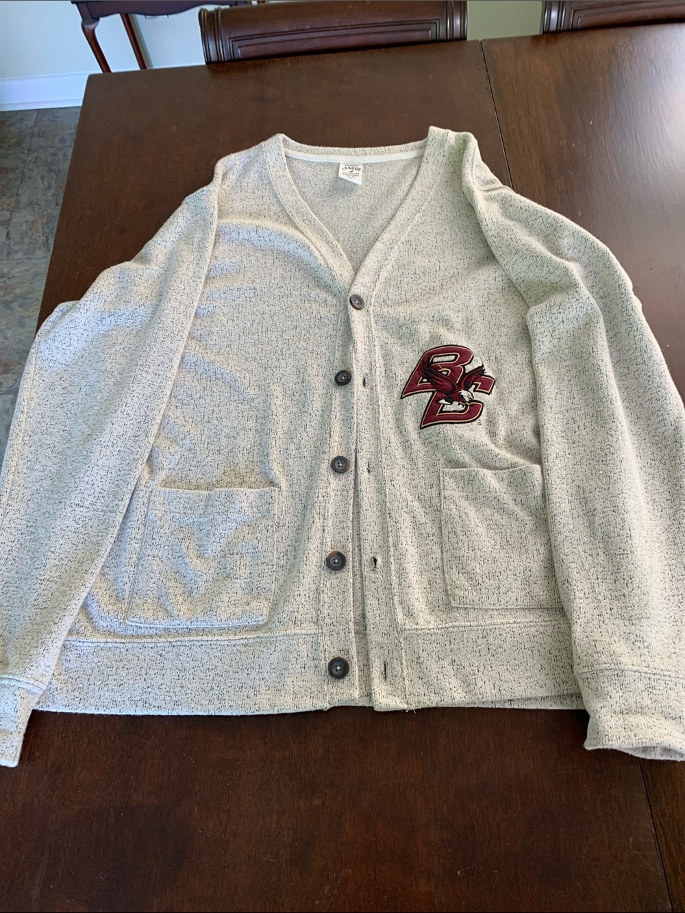 Men's Light Gray Button-Front Cardigan Sweater with Maroon Boston College Patch